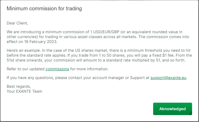 Popup informing that EXANTE introduces minimum commissions