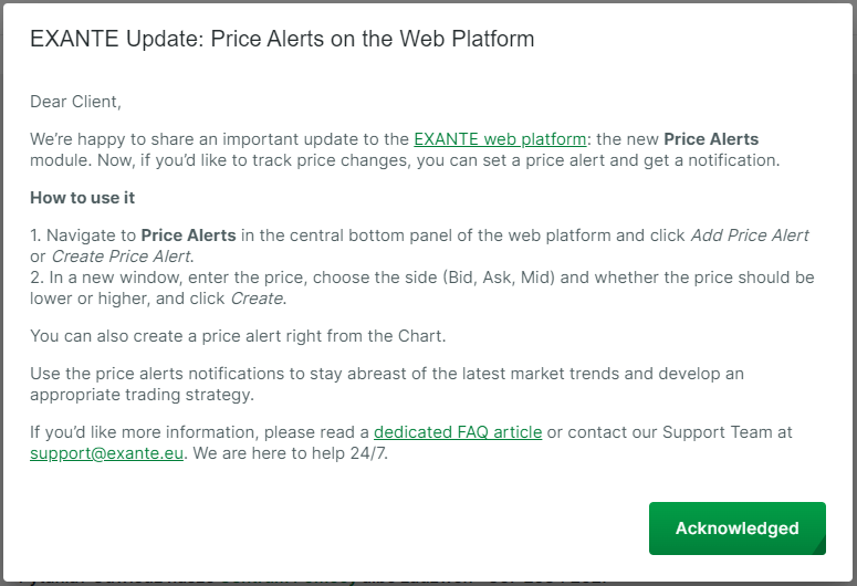 EXANTE Update popup - Price Alerts on the Web Platform