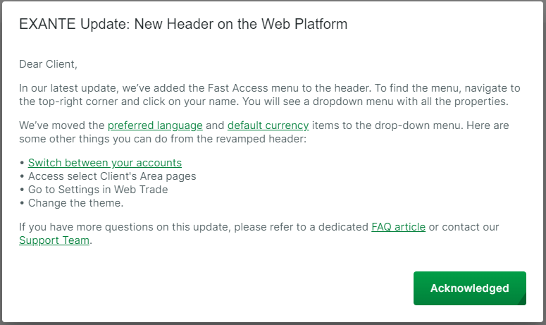 EXANTE Update popup - New Header on the Web Platform